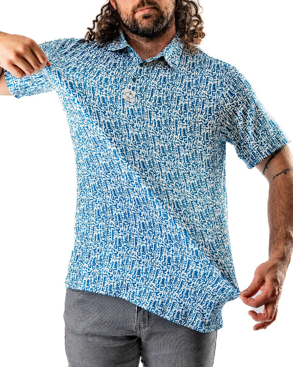 Men’s Maze Craze golf polo by Pins & Aces featuring an all-over blue maze-inspired geometric pattern with short sleeves and an athletic performance fit.