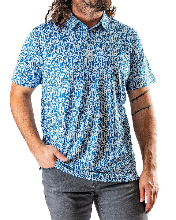 Men’s Maze Craze golf polo by Pins & Aces featuring an all-over blue maze-inspired geometric pattern with short sleeves and an athletic performance fit.