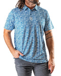 Men’s Maze Craze golf polo by Pins & Aces featuring an all-over blue maze-inspired geometric pattern with short sleeves and an athletic performance fit.