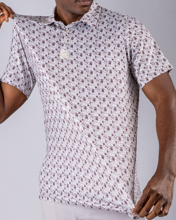 Men’s Retro Form golf polo by Pins & Aces featuring a vintage-inspired geometric print in neutral tones with burgundy accents, short sleeves, and an athletic fit.