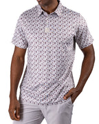 Men’s Retro Form golf polo by Pins & Aces featuring a vintage-inspired geometric print in neutral tones with burgundy accents, short sleeves, and an athletic fit.