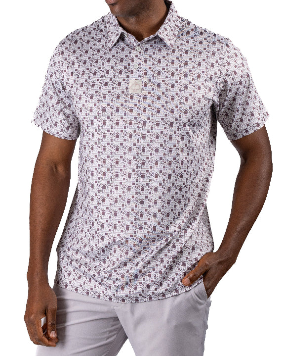 Men’s Retro Form golf polo by Pins & Aces featuring a vintage-inspired geometric print in neutral tones with burgundy accents, short sleeves, and an athletic fit.