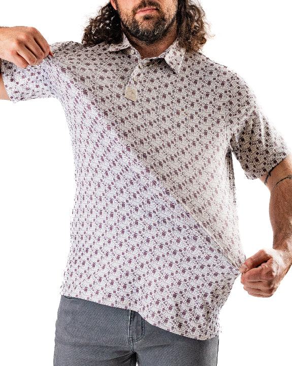 Men’s Retro Form golf polo by Pins & Aces featuring a vintage-inspired geometric print in neutral tones with burgundy accents, short sleeves, and an athletic fit.