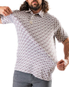 Men’s Retro Form golf polo by Pins & Aces featuring a vintage-inspired geometric print in neutral tones with burgundy accents, short sleeves, and an athletic fit.