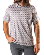 Men’s Retro Form golf polo by Pins & Aces featuring a vintage-inspired geometric print in neutral tones with burgundy accents, short sleeves, and an athletic fit.