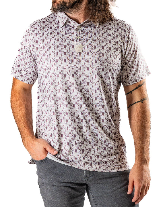 Men’s Retro Form golf polo by Pins & Aces featuring a vintage-inspired geometric print in neutral tones with burgundy accents, short sleeves, and an athletic fit.