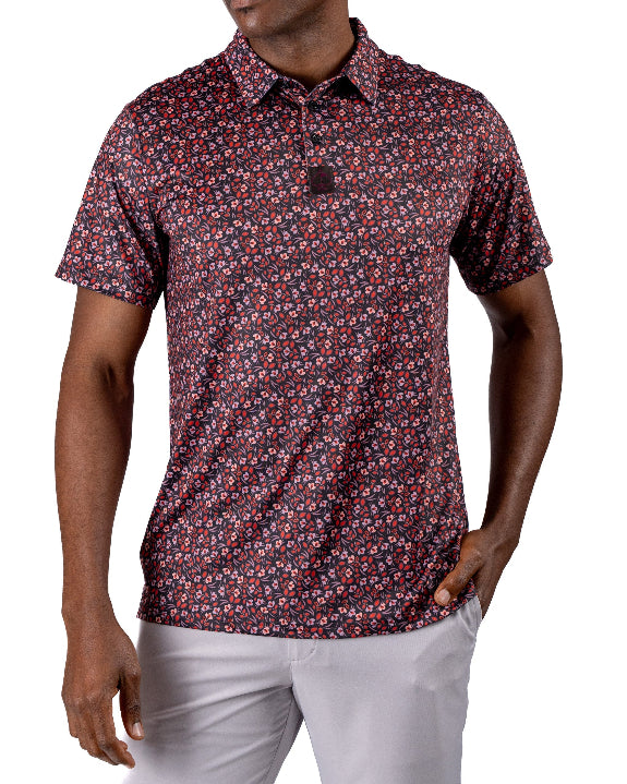 Men’s Shadow Rose golf polo by Pins & Aces featuring an all-over red and muted rose floral print on a black background with short sleeves and an athletic performance fit.