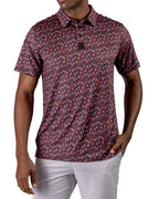 Men’s Shadow Rose golf polo by Pins & Aces featuring an all-over red and muted rose floral print on a black background with short sleeves and an athletic performance fit.