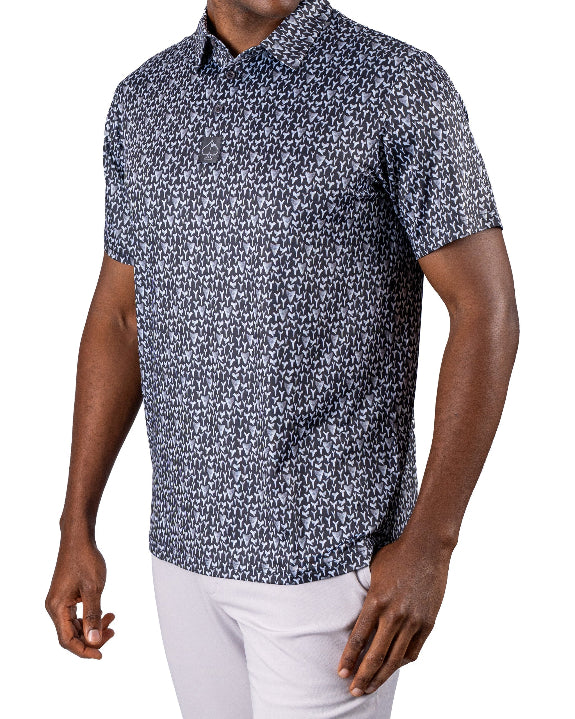 Men’s Shark Tooth golf polo by Pins & Aces featuring an all-over black, charcoal, gray, and white shark tooth-inspired micro print with short sleeves and an athletic performance fit.