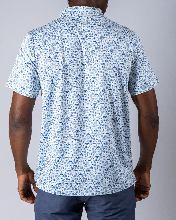 Pins & Aces Signal Boost men’s performance golf polo featuring an athletic fit with breathable fast-wicking fabric, SPF 45+ protection, and built-in sunglasses holder.