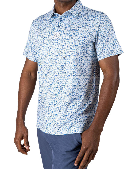 Pins & Aces Signal Boost men’s performance golf polo featuring an athletic fit with breathable fast-wicking fabric, SPF 45+ protection, and built-in sunglasses holder.