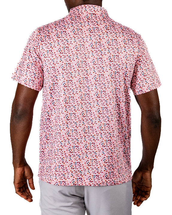 Men’s Soft Spoken golf polo by Pins & Aces featuring a subtle coral, red, navy, and white micro floral print with short sleeves and an athletic performance fit.