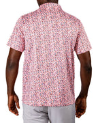 Men’s Soft Spoken golf polo by Pins & Aces featuring a subtle coral, red, navy, and white micro floral print with short sleeves and an athletic performance fit.