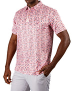 Men’s Soft Spoken golf polo by Pins & Aces featuring a subtle coral, red, navy, and white micro floral print with short sleeves and an athletic performance fit.