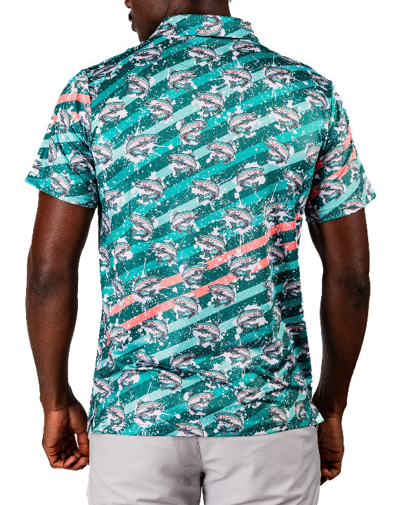 Men’s Trout Splatter golf polo by Pins & Aces featuring an all-over trout fishing print with teal, aqua, coral, and white splatter details and an athletic performance fit.