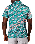 Men’s Trout Splatter golf polo by Pins & Aces featuring an all-over trout fishing print with teal, aqua, coral, and white splatter details and an athletic performance fit.