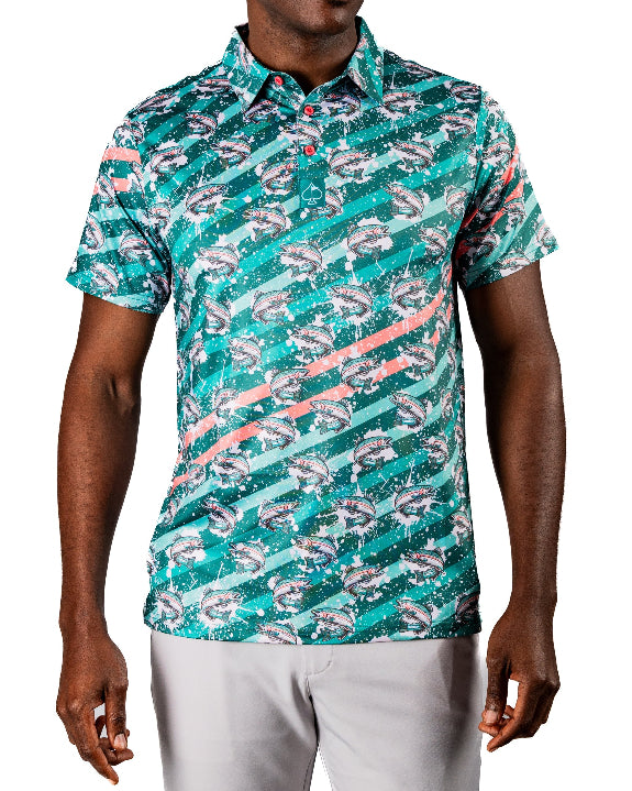 Men’s Trout Splatter golf polo by Pins & Aces featuring an all-over trout fishing print with teal, aqua, coral, and white splatter details and an athletic performance fit.