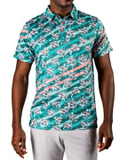 Men’s Trout Splatter golf polo by Pins & Aces featuring an all-over trout fishing print with teal, aqua, coral, and white splatter details and an athletic performance fit.