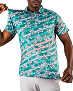 Men’s Trout Splatter golf polo by Pins & Aces featuring an all-over trout fishing print with teal, aqua, coral, and white splatter details and an athletic performance fit.