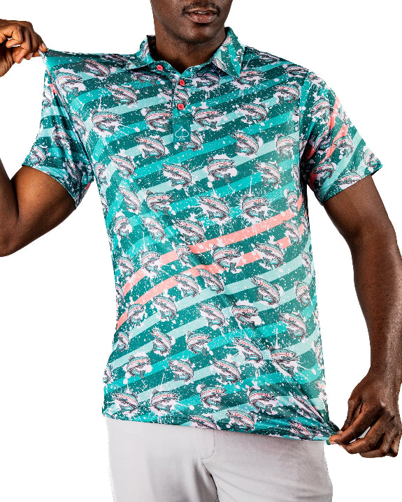 Men’s Trout Splatter golf polo by Pins & Aces featuring an all-over trout fishing print with teal, aqua, coral, and white splatter details and an athletic performance fit.