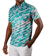 Men’s Trout Splatter golf polo by Pins & Aces featuring an all-over trout fishing print with teal, aqua, coral, and white splatter details and an athletic performance fit.