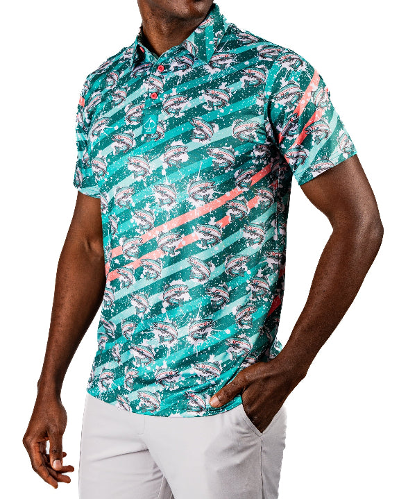 Men’s Trout Splatter golf polo by Pins & Aces featuring an all-over trout fishing print with teal, aqua, coral, and white splatter details and an athletic performance fit.