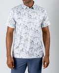Men’s White Noise golf polo by Pins & Aces featuring a subtle white and gray abstract pattern, short sleeves, and an athletic performance fit.