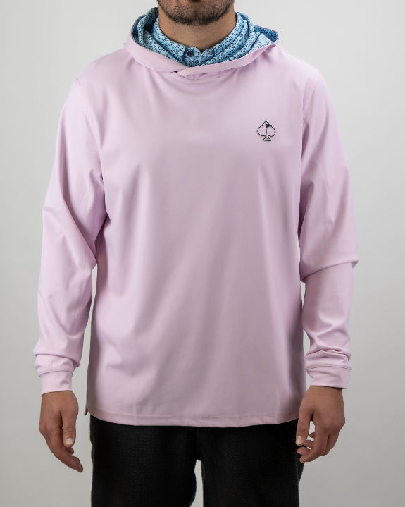 Men’s Flower Doodle Blue performance golf hoodie by Pins & Aces featuring a light pink body, blue floral doodle printed hood interior, embroidered spade logo, and long sleeves.