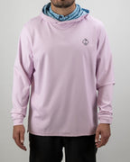 Men’s Flower Doodle Blue performance golf hoodie by Pins & Aces featuring a light pink body, blue floral doodle printed hood interior, embroidered spade logo, and long sleeves.