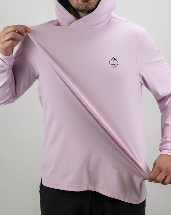 Men’s Flower Doodle Blue performance golf hoodie by Pins & Aces featuring a light pink body, blue floral doodle printed hood interior, embroidered spade logo, and long sleeves.