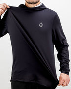 Men’s White Noise Performance Golf Hoodie by Pins & Aces featuring a black lightweight stretch body, embroidered spade chest logo, long sleeves, and White Noise printed hood lining.