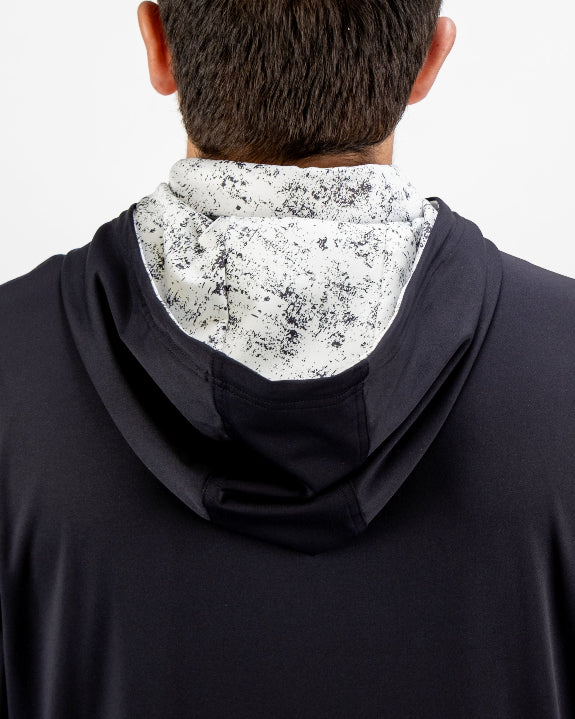 Men’s White Noise Performance Golf Hoodie by Pins & Aces featuring a black lightweight stretch body, embroidered spade chest logo, long sleeves, and White Noise printed hood lining.