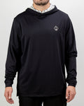 Men’s White Noise Performance Golf Hoodie by Pins & Aces featuring a black lightweight stretch body, embroidered spade chest logo, long sleeves, and White Noise printed hood lining.