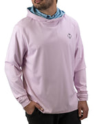 Men’s Flower Doodle Blue performance golf hoodie by Pins & Aces featuring a light pink body, blue floral doodle printed hood interior, embroidered spade logo, and long sleeves.