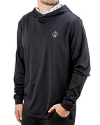 Men’s White Noise Performance Golf Hoodie by Pins & Aces featuring a black lightweight stretch body, embroidered spade chest logo, long sleeves, and White Noise printed hood lining.