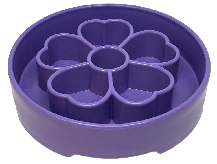 SodaPup Flower eBowl deep slow feeder dog bowl with flower-shaped enrichment ridges, available in pink or purple for medium and large dogs.