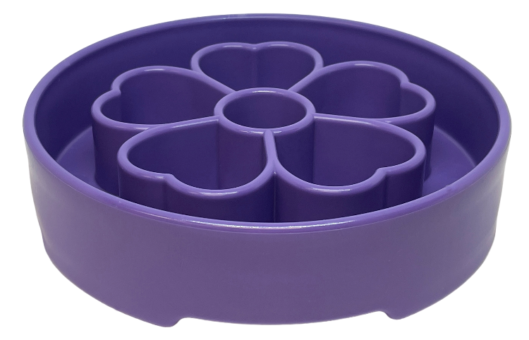 SodaPup Flower eBowl deep slow feeder dog bowl with flower-shaped enrichment ridges, available in pink or purple for medium and large dogs.