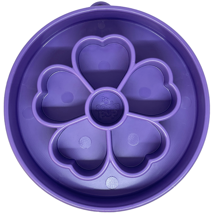 SodaPup Flower eBowl deep slow feeder dog bowl with flower-shaped enrichment ridges, available in pink or purple for medium and large dogs.