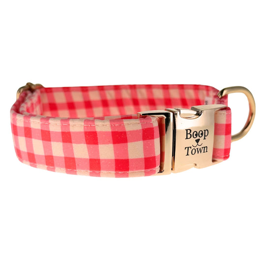 Pink Checker Dog Collar – Adjustable Cotton Collar with Luxe Metal Hardware