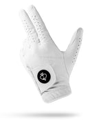 Pins & Aces Premium Tour Ghost White unisex golf glove made from 100% premium AAA Cabretta leather with moisture-wicking wrist lining and men’s standard sizing.