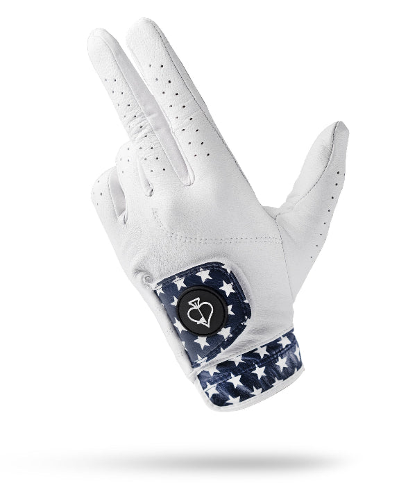 Pins & Aces Premium Tour Stars men’s golf glove made from 100% premium AAA Cabretta leather with a stars-inspired design and moisture-wicking wrist lining.