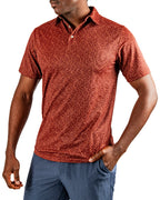 Men’s Filament golf polo by Pins & Aces featuring a rust and burnt orange abstract line pattern, short sleeves, modern blade collar, and athletic performance fit.