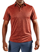 Men’s Filament golf polo by Pins & Aces featuring a rust and burnt orange abstract line pattern, short sleeves, modern blade collar, and athletic performance fit.