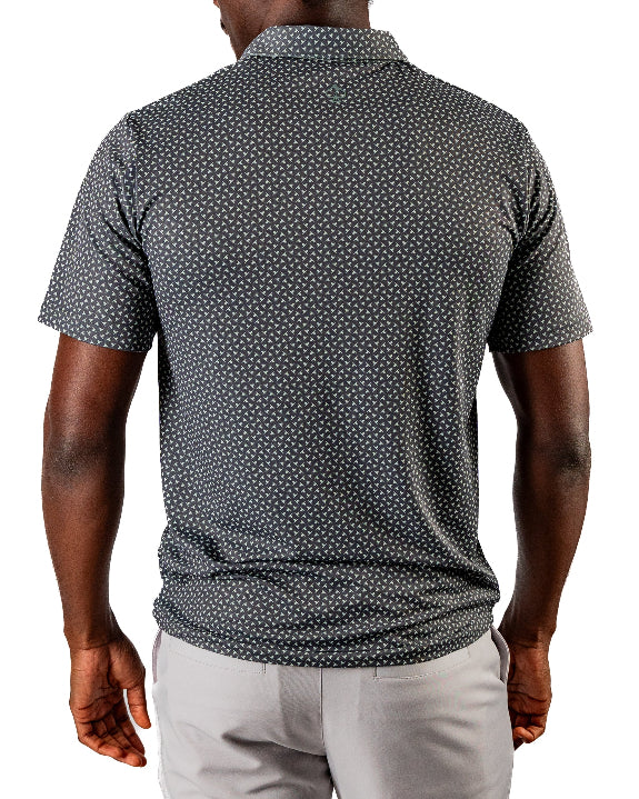 Men’s Jade Drops golf polo by Pins & Aces featuring a dark jade green geometric pattern, modern blade collar, short sleeves, and athletic performance fit.