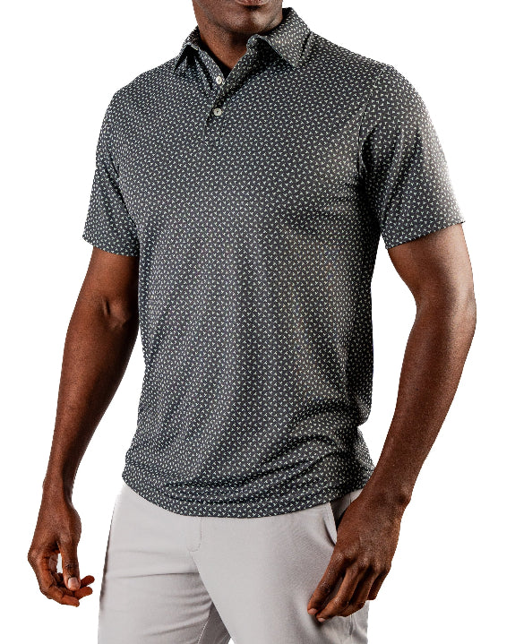 Men’s Jade Drops golf polo by Pins & Aces featuring a dark jade green geometric pattern, modern blade collar, short sleeves, and athletic performance fit.