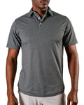 Men’s Jade Drops golf polo by Pins & Aces featuring a dark jade green geometric pattern, modern blade collar, short sleeves, and athletic performance fit.
