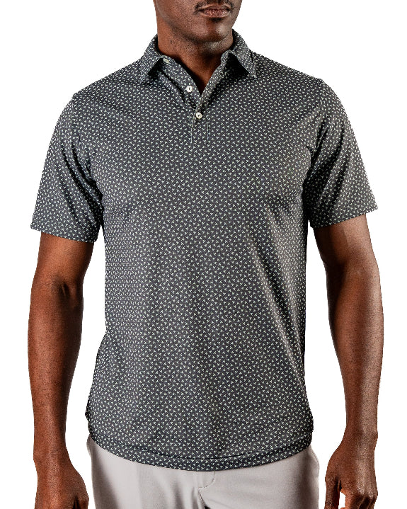Men’s Jade Drops golf polo by Pins & Aces featuring a dark jade green geometric pattern, modern blade collar, short sleeves, and athletic performance fit.