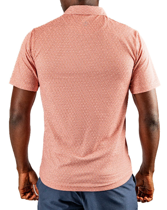 Men’s Phoenix Whirl golf polo by Pins & Aces featuring a bold swirling colorful print, modern blade collar, short sleeves, and athletic performance fit.