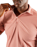 Men’s Phoenix Whirl golf polo by Pins & Aces featuring a bold swirling colorful print, modern blade collar, short sleeves, and athletic performance fit.