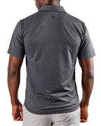 Men’s Slate Mosaic Player Preferred golf polo by Pins & Aces featuring a slate gray geometric pattern, modern blade collar, short sleeves, and athletic performance fit.